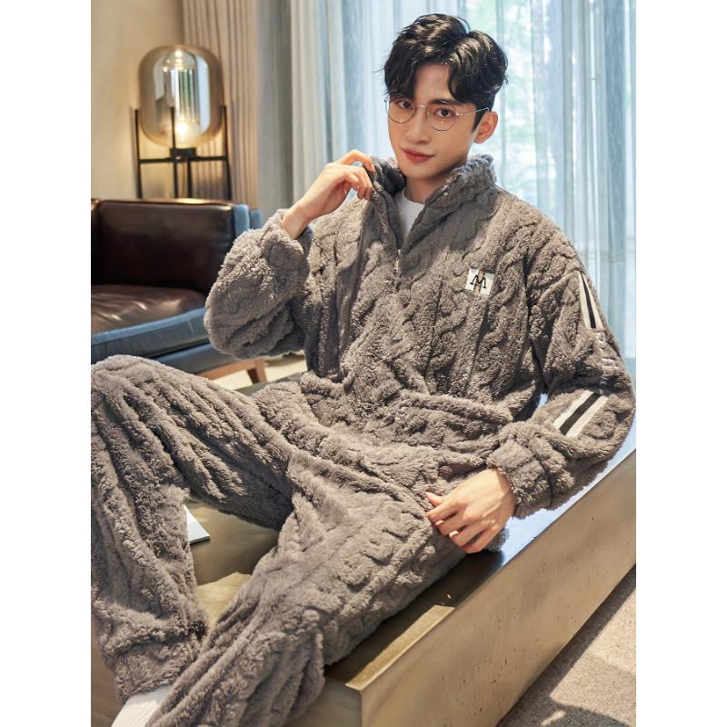 Winter Thickened Plus Velvet Coral Fleece Men's Pajamas Stand Collar Zipper Style Two-piece Set Autumn And Winter Sky Flannel Loungewear