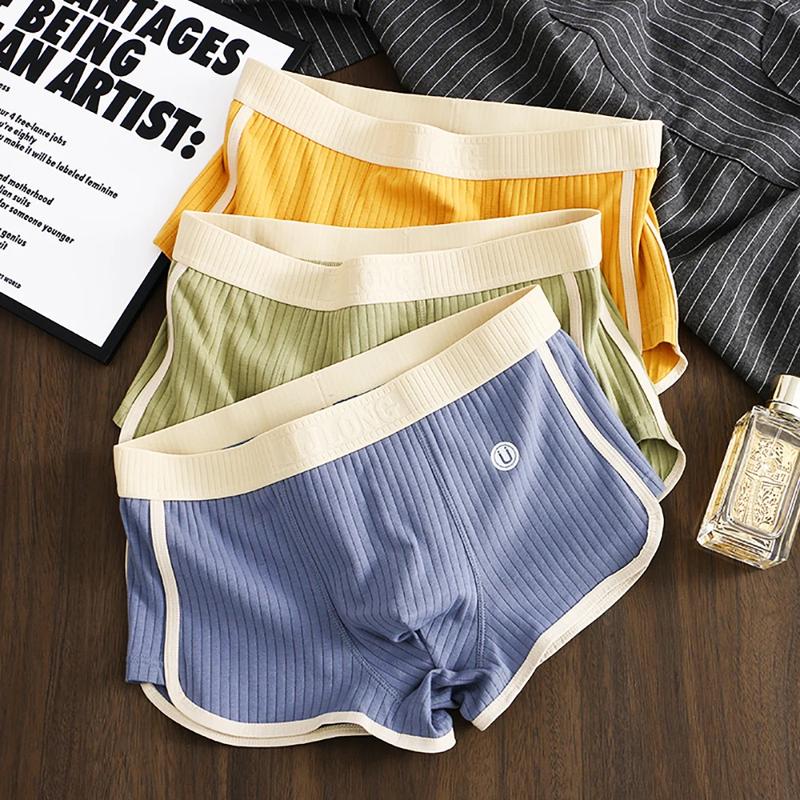 3PCS Pack 100% Cotton Solid Striped Men's Boxer Sexy Breathable Mesh U Crotch Underwear High Elastic Widen Waistband Underpants