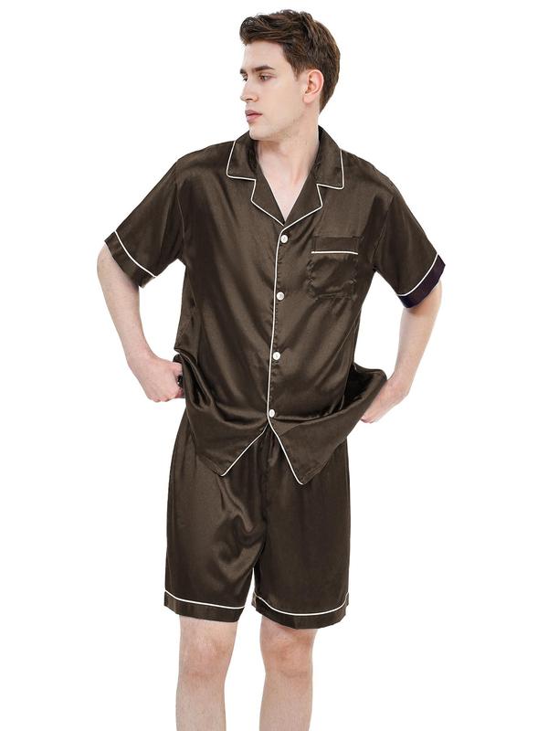 2 Pieces Men's Satin Contrast Binding Pyjama Set, Casual Pocket Shirt & Sleep Shorts, Mens Nightwear, Summer Clothes, Men's Sleepwear & Loungewear Set, Men's Clothing Wear