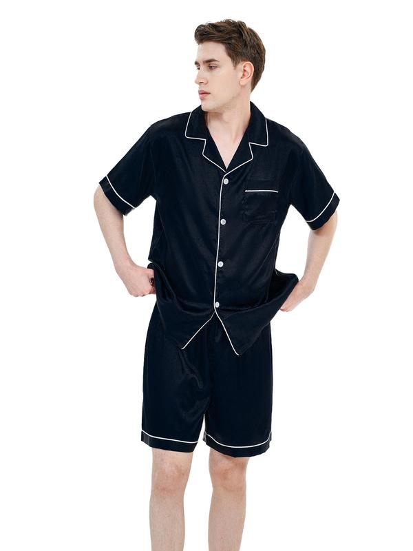 2 Pieces Men's Satin Contrast Binding Pyjama Set, Casual Pocket Shirt & Sleep Shorts, Mens Nightwear, Summer Clothes, Men's Sleepwear & Loungewear Set, Men's Clothing Wear