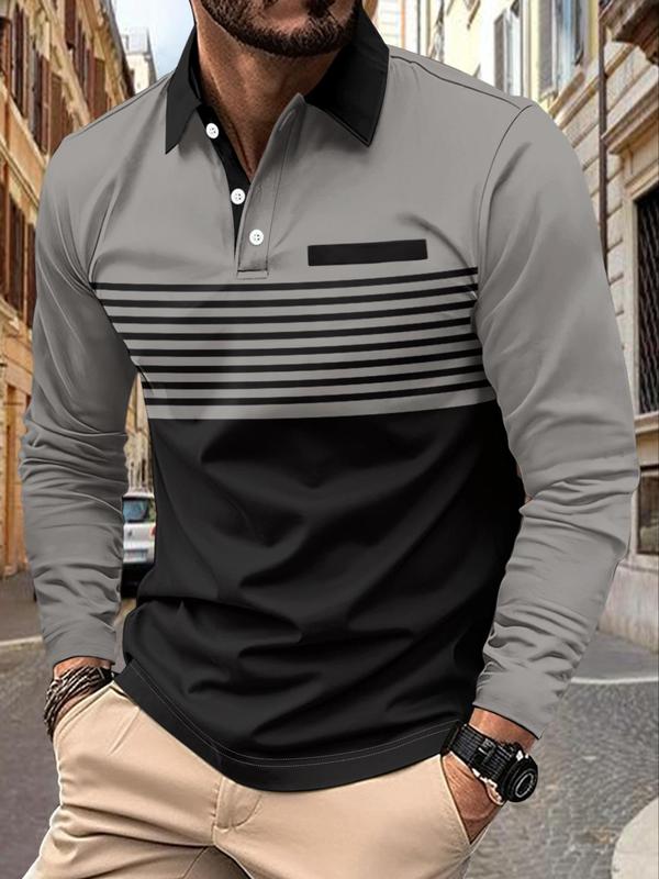 Men's Colorblock Striped Print Polo Shirt, Regular Fit Casual Long Sleeve Button Front Top for Spring & Fall, Fashion Men's Clothes for Daily Wear