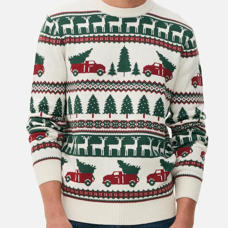 Cozy Ugly Christmas Sweater, Ugly Christmas Sweater with Reindeer, Trees, and Holiday Truck Design – Festive Knit for Holiday Parties