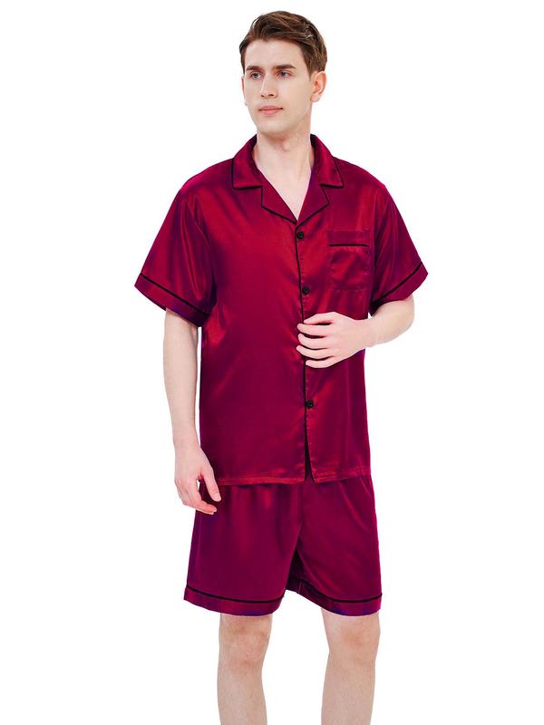 2 Pieces Men's Satin Contrast Binding Pyjama Set, Casual Pocket Shirt & Sleep Shorts, Mens Nightwear, Summer Clothes, Men's Sleepwear & Loungewear Set, Men's Clothing Wear