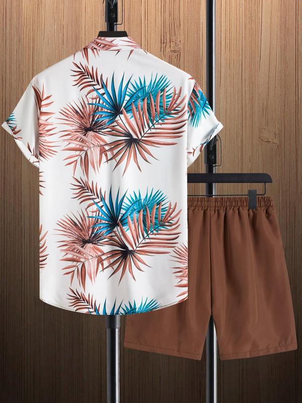 Two-Piece Set Men's Regular Fit Leaf Print Short Sleeve Shirt & Drawstring Waist Shorts Set without Tee, Tropical Printed Button Front Shirt & Pocket Shorts, Casual Summer Outfits Clothes Set for Men