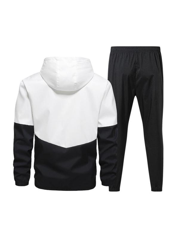 Men's Colorblock Zip Up Pocket Hooded Jacket & Drawstring Waist Pants Two-piece Set, Regular Fit Casual Long Sleeve Drawstring Hooded Outerwear & Pocket Trousers for Fall & Winter, Men's Two-piece Outfits for Daily Wear