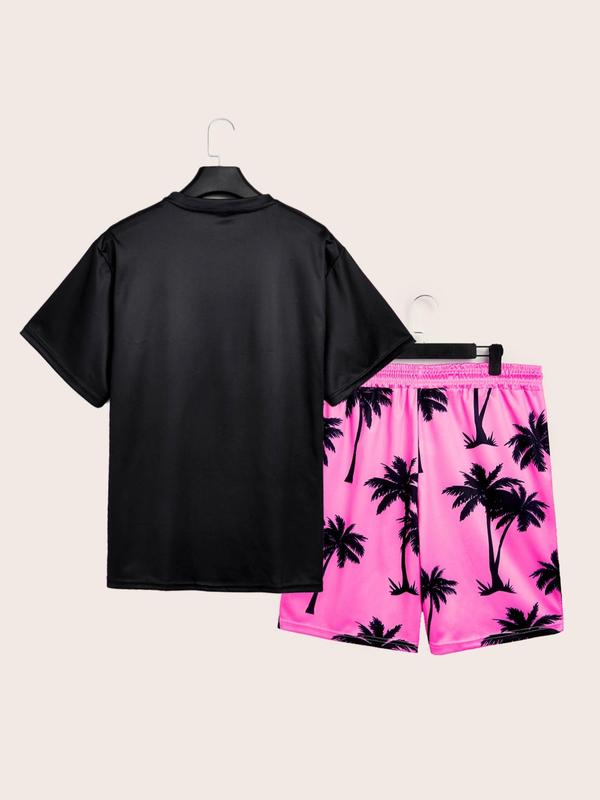 Men's Plus Size Coconut Tree Print Shorts Set, Short Sleeve T-shirt & Pocket Shorts, Casual Fashion Breathable Men Two-piece Outfits for Summer