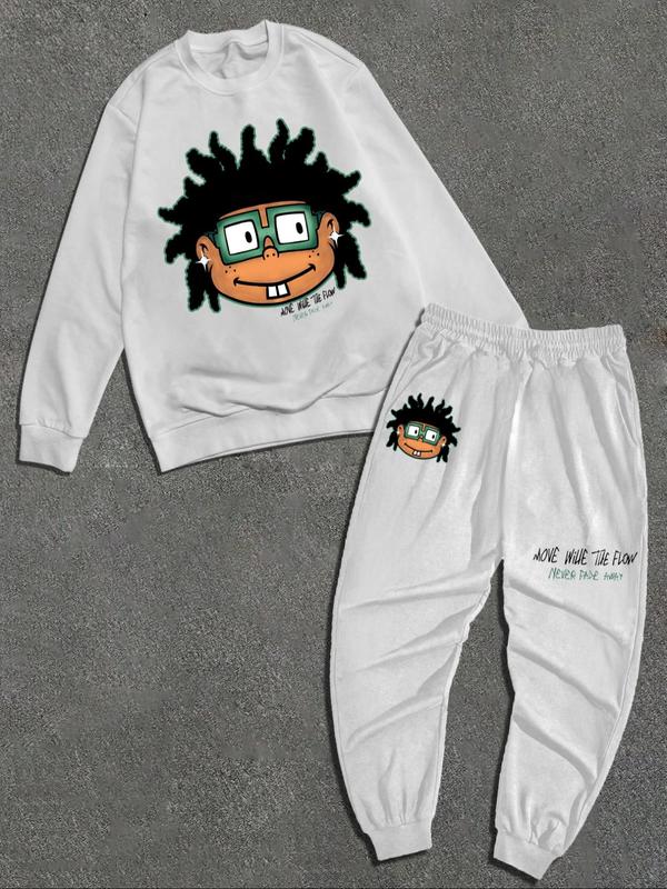 Men's Cartoon Print Sweatshirt & Pocket Sweatpants Set, Regular Fit Casual Long Sleeve Round Neck Pullover & Jogger Pants, Men's Fall & Winter Clothes