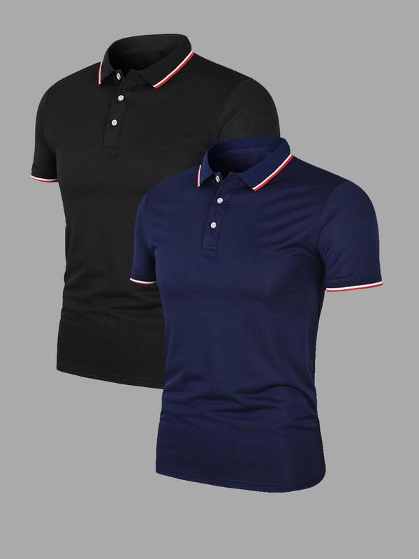 Men's Striped Trim Polo Shirt, Regular Fit Casual Short Sleeve Button Front Top for Summer, Fashion Men's Clothes for Daily Wear