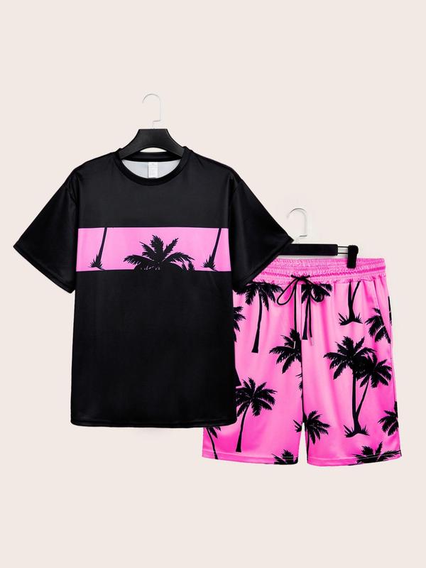 Men's Plus Size Coconut Tree Print Shorts Set, Short Sleeve T-shirt & Pocket Shorts, Casual Fashion Breathable Men Two-piece Outfits for Summer