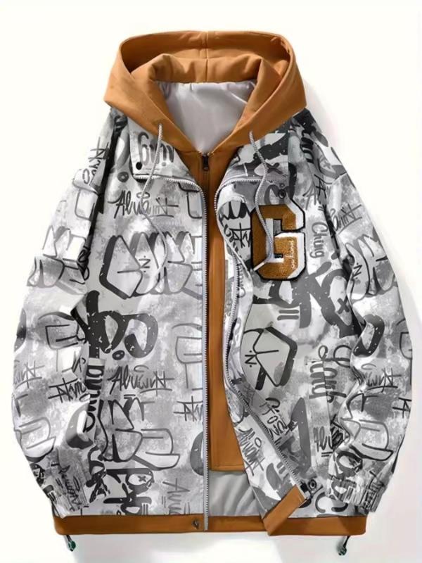 Colorblock & Letter Print Zip Up 2 in 1 Hooded Jackets for Men, Regular Fit Casual Pocket Drawstring Long Sleeve Outerwear, Winter Outfits 2024, Men's Fall & Winter Clothes