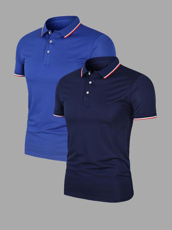 Men's Striped Trim Polo Shirt, Regular Fit Casual Short Sleeve Button Front Top for Summer, Fashion Men's Clothes for Daily Wear