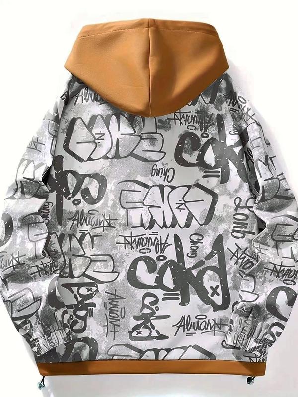 Colorblock & Letter Print Zip Up 2 in 1 Hooded Jackets for Men, Regular Fit Casual Pocket Drawstring Long Sleeve Outerwear, Winter Outfits 2024, Men's Fall & Winter Clothes