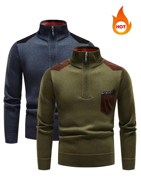 Men's Patchwork Print Half Zip Mock Neck Sweater Pullover, Regular Fit Casual Long Sleeve Jumper for Fall & Winter, Men's Knitwear for Daily Wear