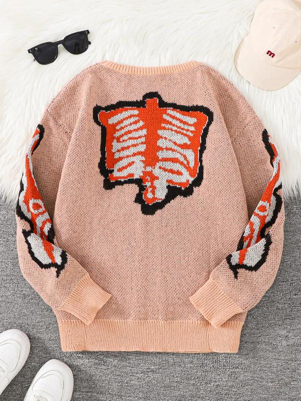 Men's Colorblock Butterfly Jacquard Drop Shoulder Sweater, Regular Fit Casual Halloween Long Sleeve Round Neck Jumper for Fall, Fashion Men's Knitwear for Daily Wear