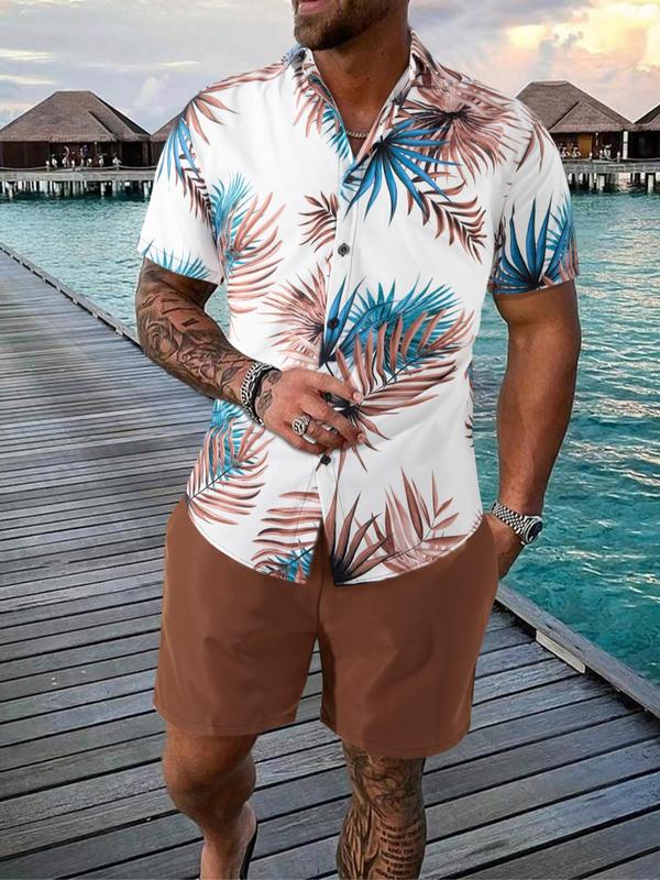 Two-Piece Set Men's Regular Fit Leaf Print Short Sleeve Shirt & Drawstring Waist Shorts Set without Tee, Tropical Printed Button Front Shirt & Pocket Shorts, Casual Summer Outfits Clothes Set for Men