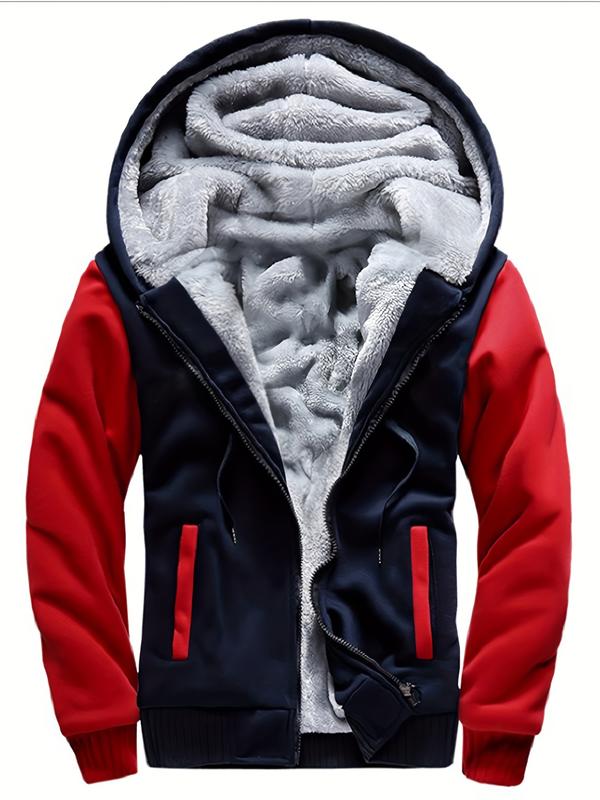 Men's Warm Fleece Hooded Jacket, Casual Color Block Jacket Coat For Fall Winter