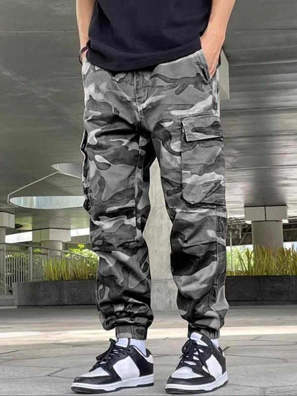 Men's Camo Print Drawstring Waist Cargo Pants, Loose Fashion Casual Street Multi-pocket Jogger Pants, 2000s Pants, Men's Trousers for All Seasons