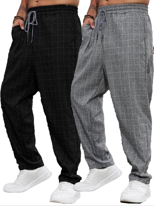  Plaid Print Drawstring Waist Pants, Casual Comfy Pocket Trousers for Daily Wear, Men's Bottoms for All Seasons