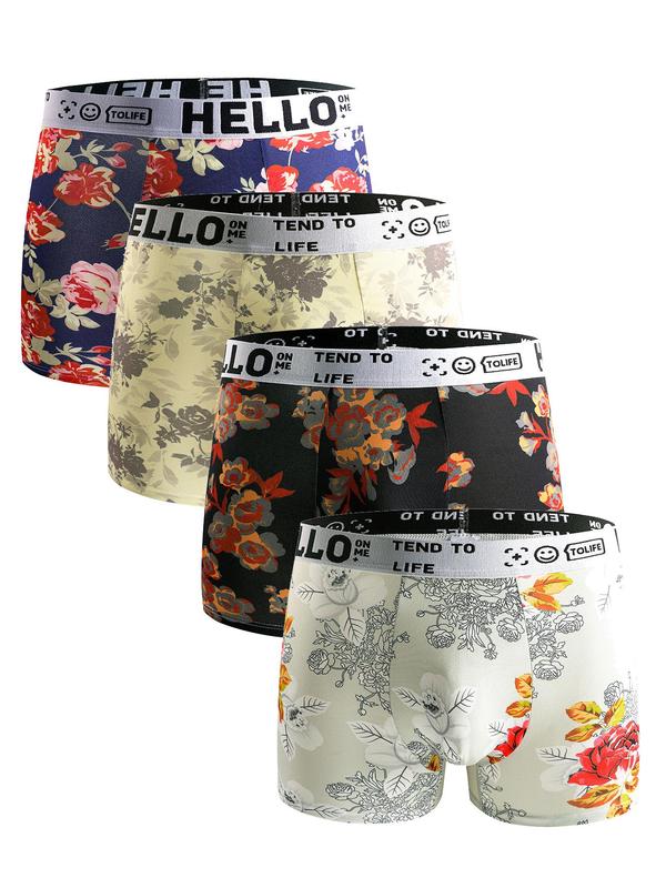 Men's Floral Print Letter Tape Boxer Brief, Breathable Comfy Underwear for Daily Wear, Casual Men's Underwear for All Seasons