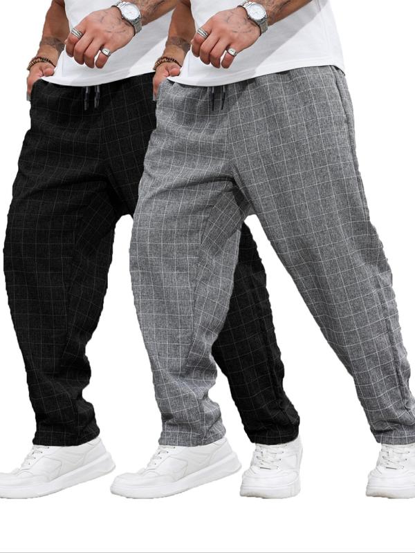  Plaid Print Drawstring Waist Pants, Casual Comfy Pocket Trousers for Daily Wear, Men's Bottoms for All Seasons