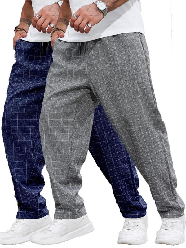  Plaid Print Drawstring Waist Pants, Casual Comfy Pocket Trousers for Daily Wear, Men's Bottoms for All Seasons