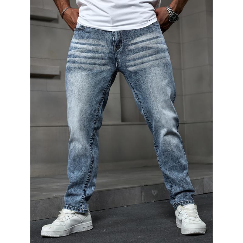 High-Stretch Plus Size Men's Stretch Denim Jeans - Casual, Machine Washable, Solid Color with Snowflake Detail