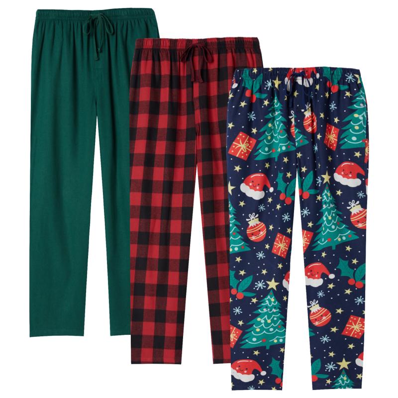 3Pcs Men's Christmas Thickened Flannel Casual Comfy Pants, Buffalo Plaid Loose Stretchy Home Pajama Bottoms With Drawstrings And Pockets button fly