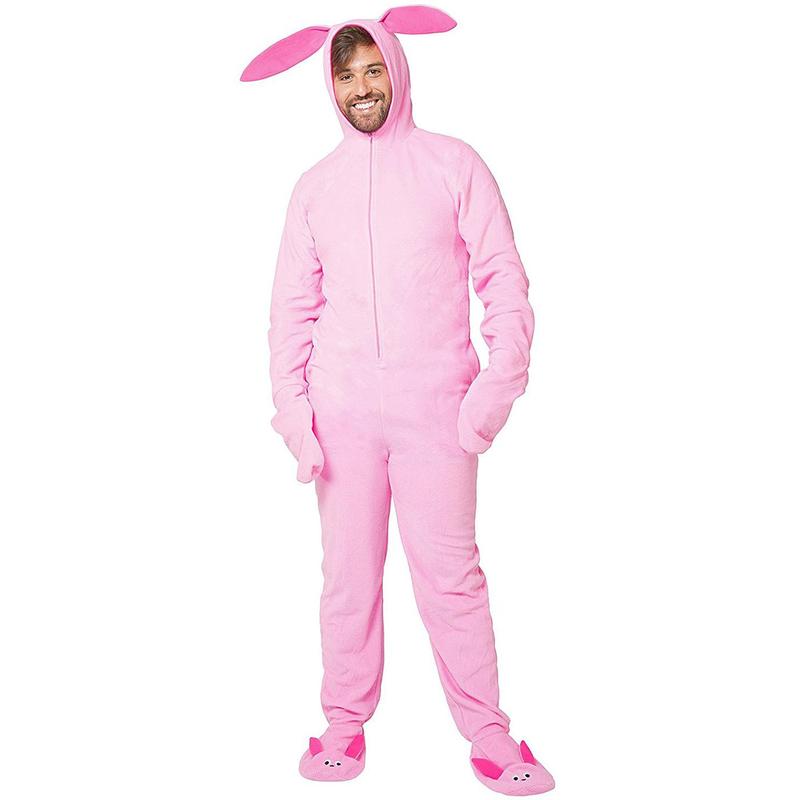 A Christmas Story Men's Ralphie Deranged Pink Bunny Suit Hooded Pajama Costume Union Suit Outfit Sleeper