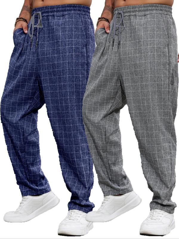  Plaid Print Drawstring Waist Pants, Casual Comfy Pocket Trousers for Daily Wear, Men's Bottoms for All Seasons