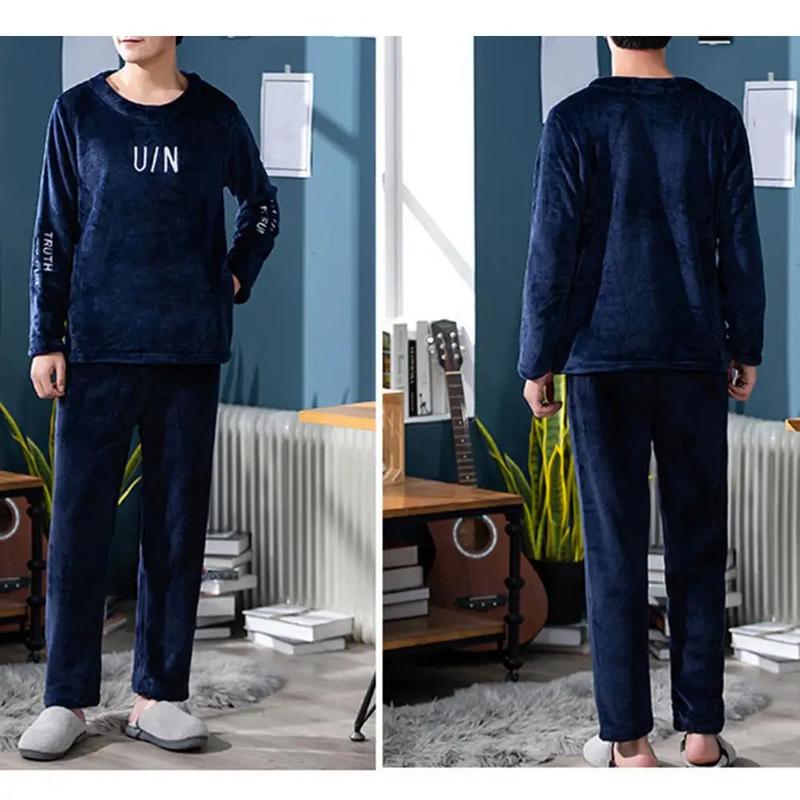 Comfortable Sleepwear Set Men's Winter Pajamas Set with Round Neck Long Sleeve Elastic Waist Soft Pockets Cozy Homewear for Cold