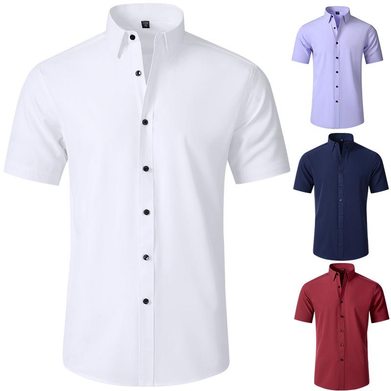 2024 Summer New Full Elastic Force Shirt Men's Short Sleeve Non-Ironing Men's Solid Color European Size Men's Shirt