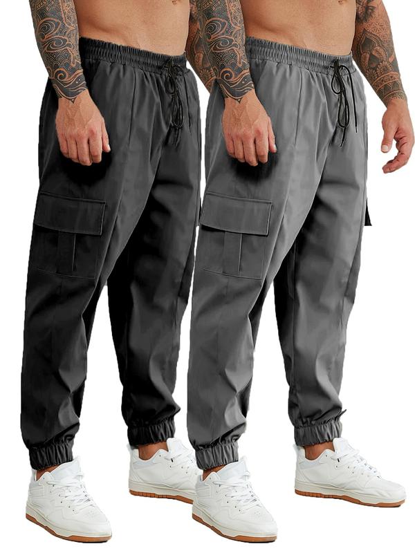  Men's Solid Drawstring Waist Cargo Pants, Casual Pocket Trousers for Daily Wear, Men's Bottoms for All Seasons