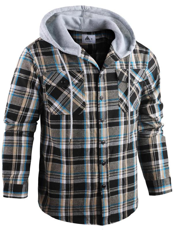 Men's Plaid Print Button Front Drawstring Hooded Shirt, Regular Fit Casual Long Sleeve Pocket Top for Daily Wear, Men's Clothes for All Seasons