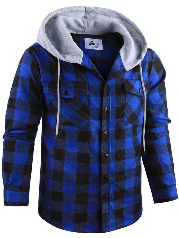 Men's Plaid Print Button Front Drawstring Hooded Shirt, Regular Fit Casual Long Sleeve Pocket Top for Daily Wear, Men's Clothes for All Seasons