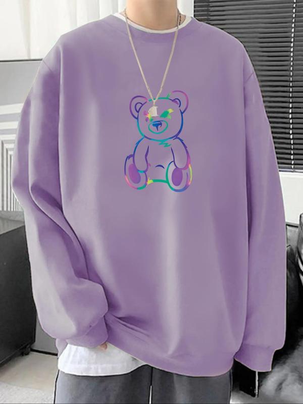 Men's Cartoon Bear Print Drop Shoulder Sweatshirt, Crewneck Sweatshirt, Regular Fit Casual Long Sleeve Round Neck Pullover for Fall & Winter, Men's Clothes for Daily Wear