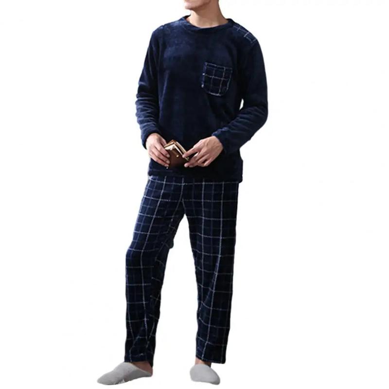 Comfortable Sleepwear Set Men's Winter Pajamas Set with Round Neck Long Sleeve Elastic Waist Soft Pockets Cozy Homewear for Cold