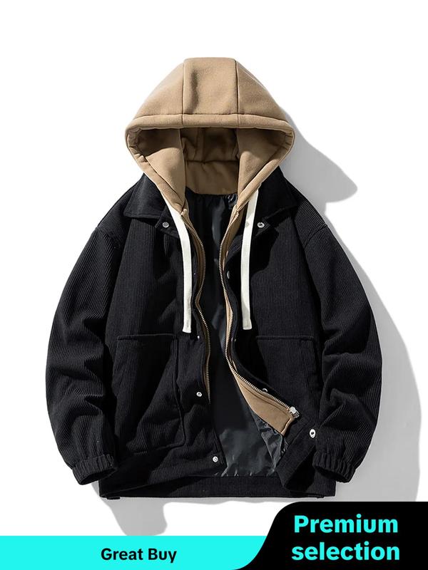 Men's Colorblock Drawstring Corduroy Hooded Winter Jacket, Fashion Streetwear Pocket Zipper Outerwear for Men, Men's Clothing for Fall & Winter, Men Designer Clothes, Cold Weather Gear, Fall Outfits 2024, Boyfriend Gifts