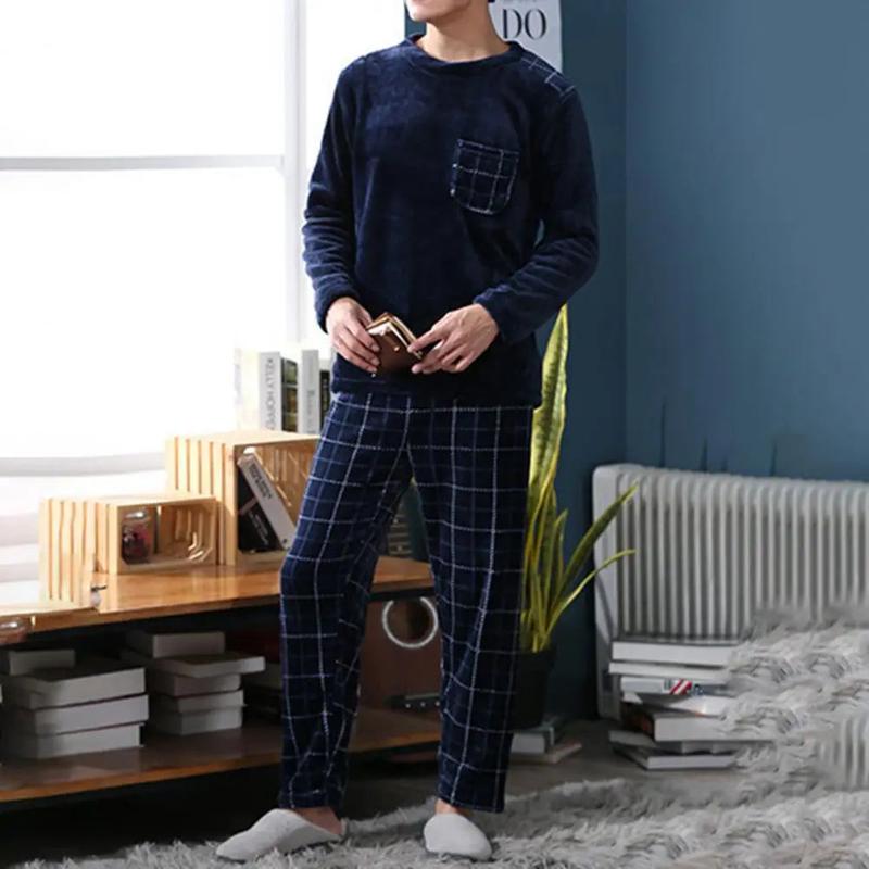 Comfortable Sleepwear Set Men's Winter Pajamas Set with Round Neck Long Sleeve Elastic Waist Soft Pockets Cozy Homewear for Cold