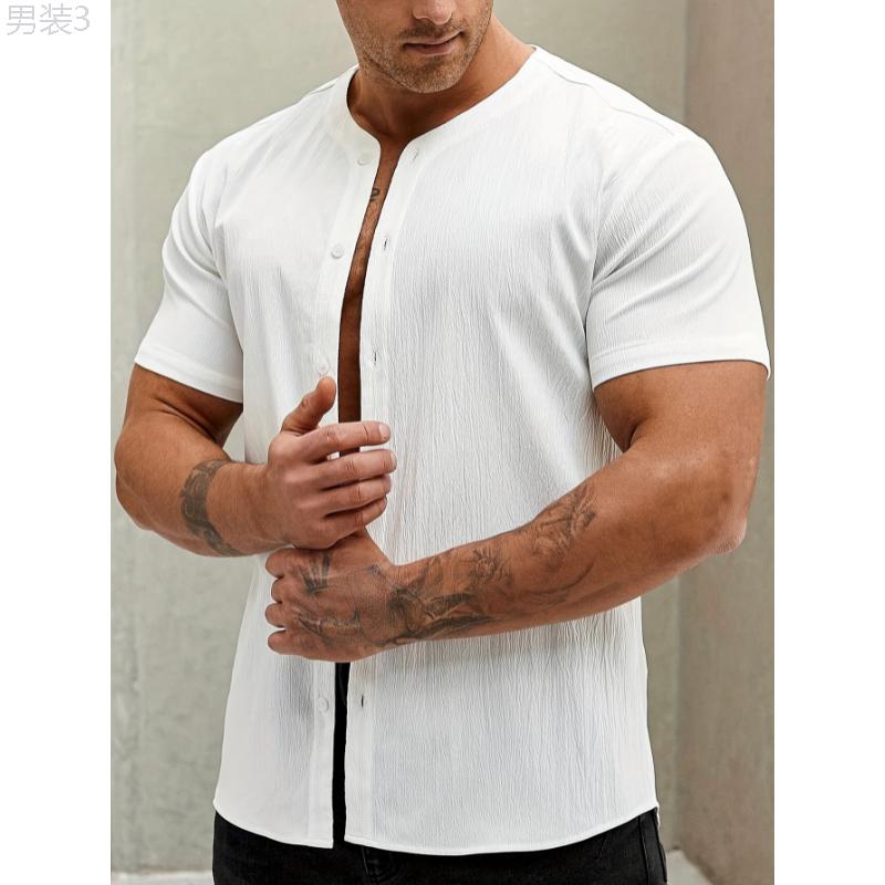 Classic Fit Solid Men's Short Sleeve Baseball Collar Button Up Shirt - Breathable, Moisture-Wicking, Quick-Drying, Comfortable, Versatile - Perfect for Summer Outdoor Sports, Casual Daily Wear, and Travel Menswear Top