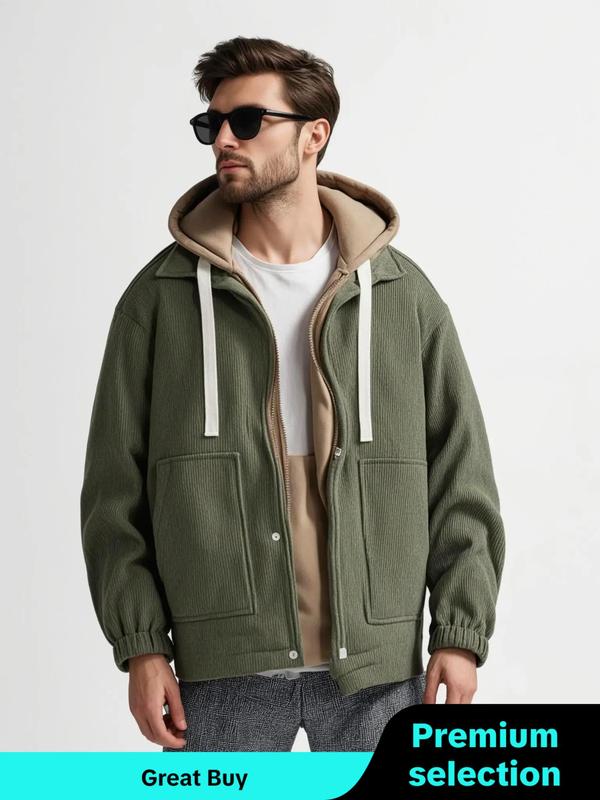 Men's Colorblock Drawstring Corduroy Hooded Winter Jacket, Fashion Streetwear Pocket Zipper Outerwear for Men, Men's Clothing for Fall & Winter, Men Designer Clothes, Cold Weather Gear, Fall Outfits 2024, Boyfriend Gifts