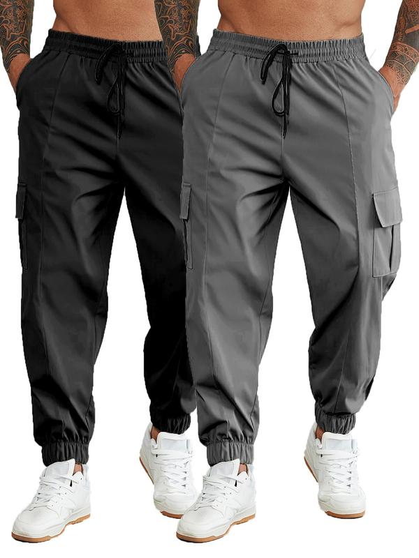  Men's Solid Drawstring Waist Cargo Pants, Casual Pocket Trousers for Daily Wear, Men's Bottoms for All Seasons