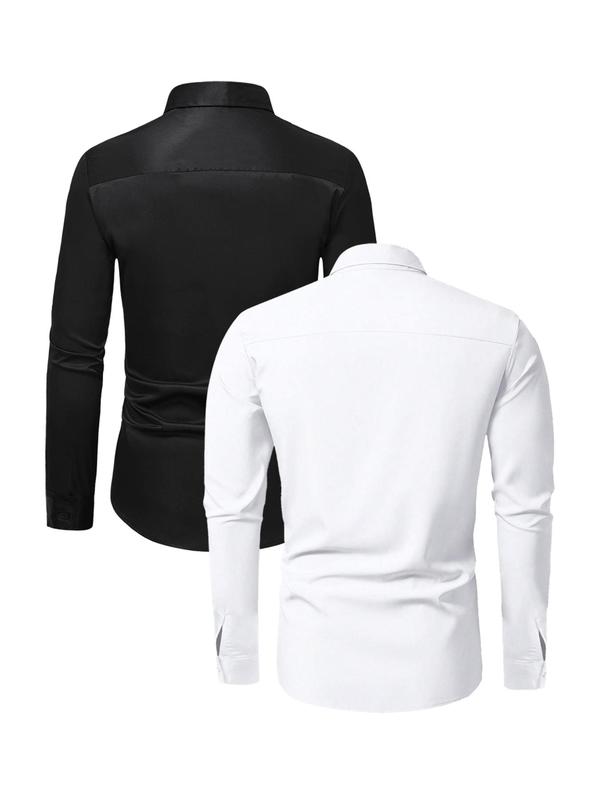 Men's Solid Long Sleeve Button Front Shirt, Business Formal Shirt for Work Office, Men's Top for All Seasons