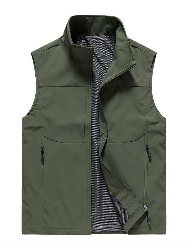 Men's Solid Pocket Zipper Funnel Neck Vest Jacket, Regular Fit Casual Sleeveless Outerwear for Spring & Fall, Men's Clothes for Daily Wear