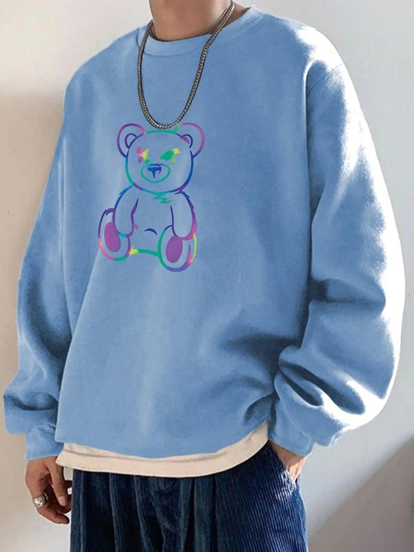 Men's Cartoon Bear Print Drop Shoulder Sweatshirt, Crewneck Sweatshirt, Regular Fit Casual Long Sleeve Round Neck Pullover for Fall & Winter, Men's Clothes for Daily Wear