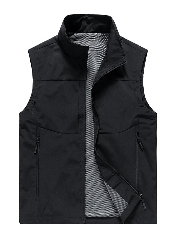 Men's Solid Pocket Zipper Funnel Neck Vest Jacket, Regular Fit Casual Sleeveless Outerwear for Spring & Fall, Men's Clothes for Daily Wear