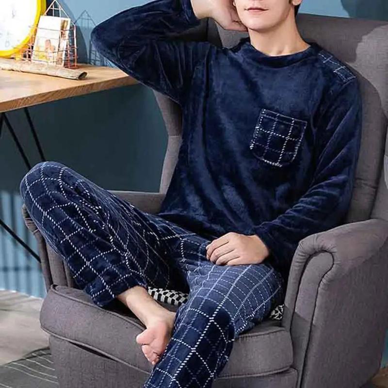 Comfortable Sleepwear Set Men's Winter Pajamas Set with Round Neck Long Sleeve Elastic Waist Soft Pockets Cozy Homewear for Cold