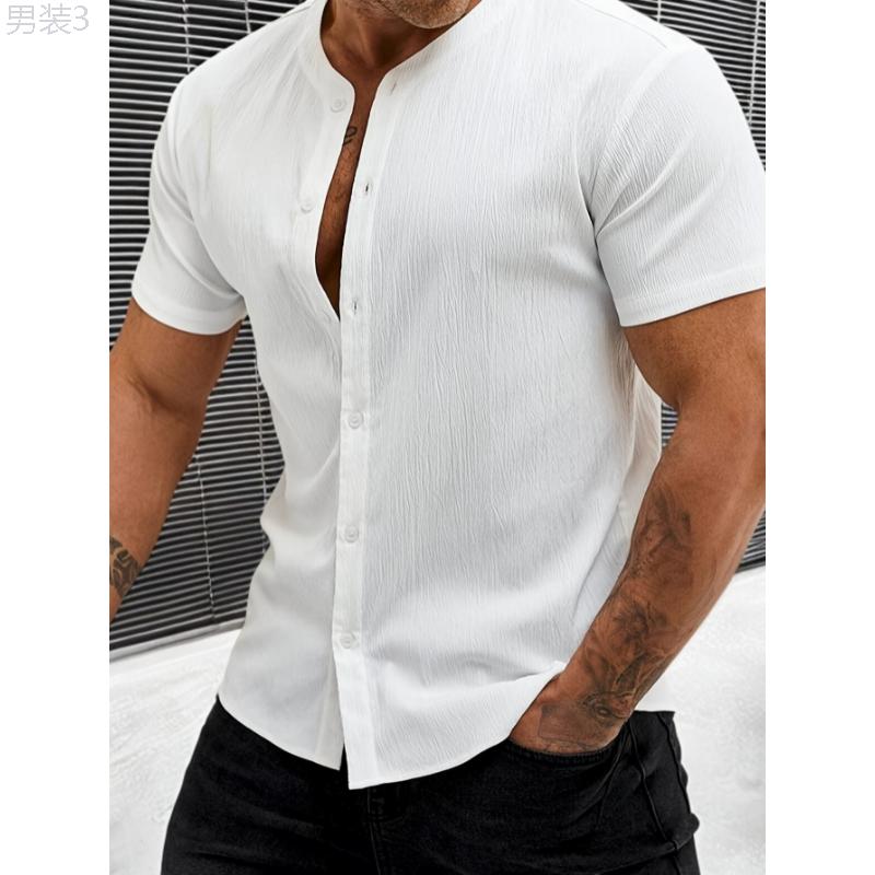 Classic Fit Solid Men's Short Sleeve Baseball Collar Button Up Shirt - Breathable, Moisture-Wicking, Quick-Drying, Comfortable, Versatile - Perfect for Summer Outdoor Sports, Casual Daily Wear, and Travel Menswear Top