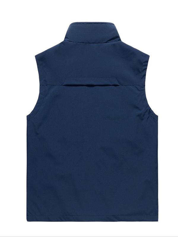 Men's Solid Pocket Zipper Funnel Neck Vest Jacket, Regular Fit Casual Sleeveless Outerwear for Spring & Fall, Men's Clothes for Daily Wear