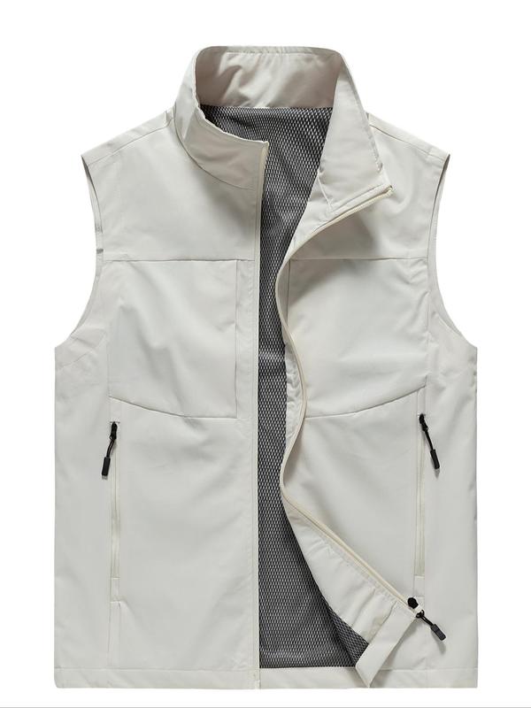 Men's Solid Pocket Zipper Funnel Neck Vest Jacket, Regular Fit Casual Sleeveless Outerwear for Spring & Fall, Men's Clothes for Daily Wear