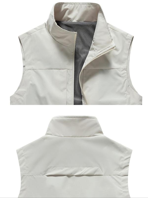 Men's Solid Pocket Zipper Funnel Neck Vest Jacket, Regular Fit Casual Sleeveless Outerwear for Spring & Fall, Men's Clothes for Daily Wear